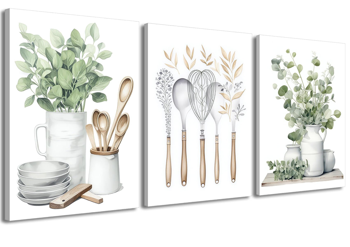 YFvrPt Sage Green Kitchen Wall Art Set of 3, Eucalyptus Leaves Plant Dining Room Painting Wall Decor, Boho Botanical Canvas Poster Print Farmhouse Pictures for Home Decoration Framed 16"x24"