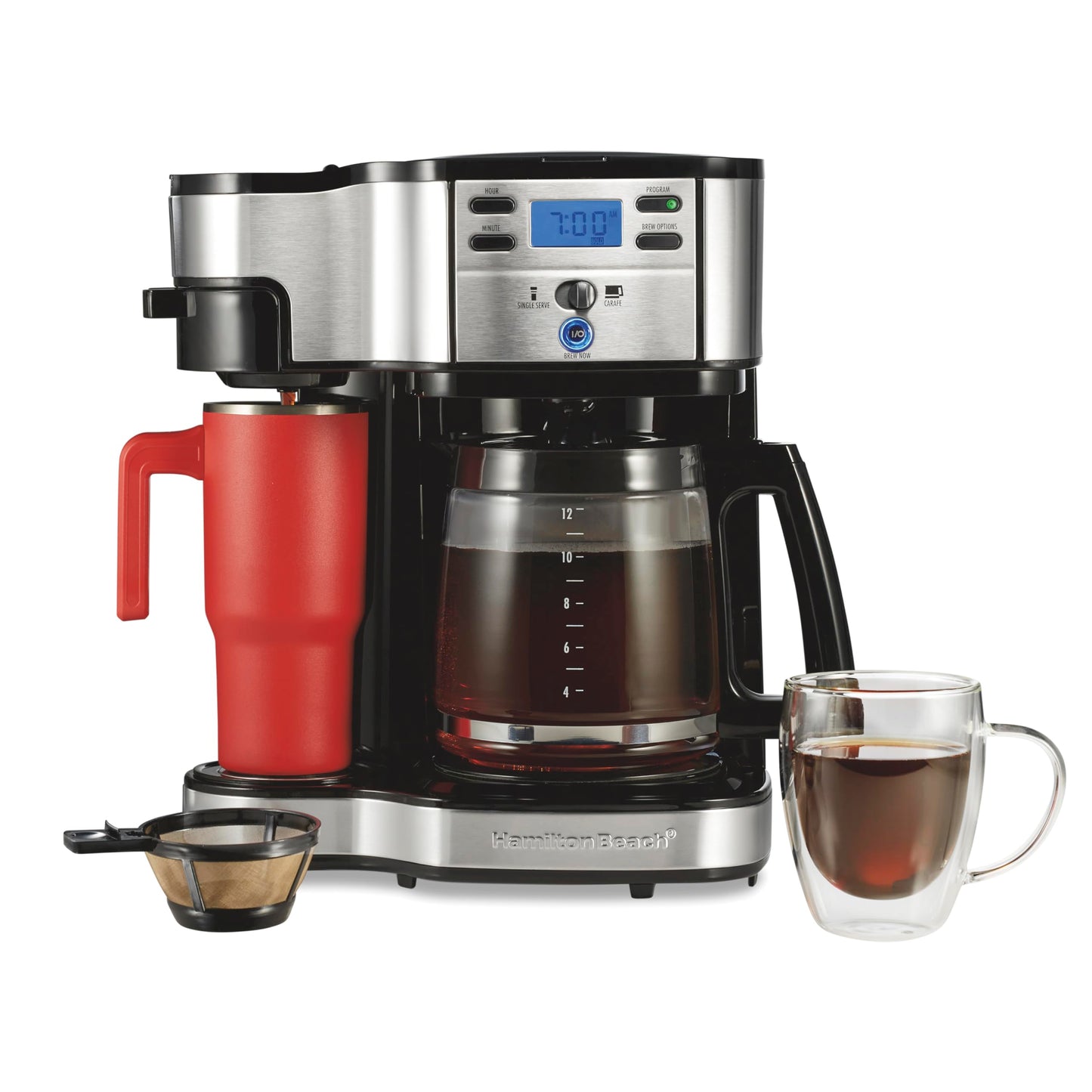 Hamilton Beach 2-Way Programmable Coffee Maker, 12 Cup Glass Carafe And Single Serve Coffee Maker, Black with Stainless Steel Accents, 49980RG