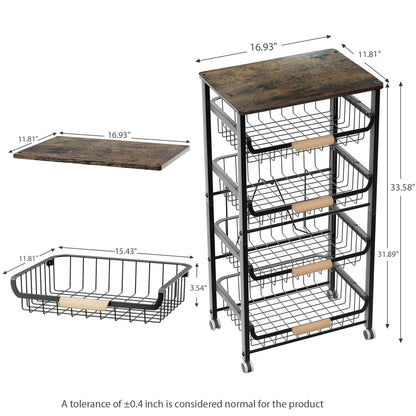 JAQ 5-Tier Fruit Vegetable Storage Cart with Wood Top, Rolling Kitchen Basket Organizer with Ergonomic Wood Handle & Wheels for Snacks Produce, Heavy Duty Metal Vianderos para Cocina Modernos, Black