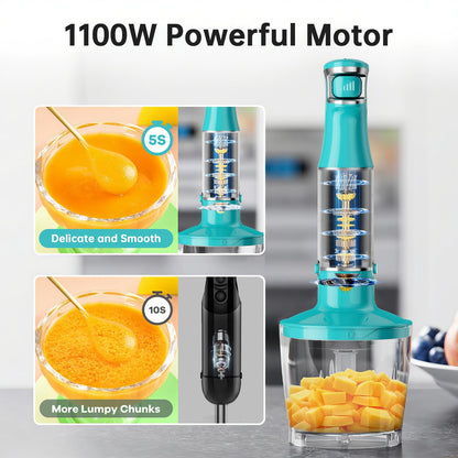 Turelar Immersion Blender Handheld Corded Hand Blenders Set 1100W, Trigger Variable Speed 5 in 1 Stick Emulsifier with Chopper, Whisk and Frother for Soup, Baby Food and Smoothies, Cyan Blue