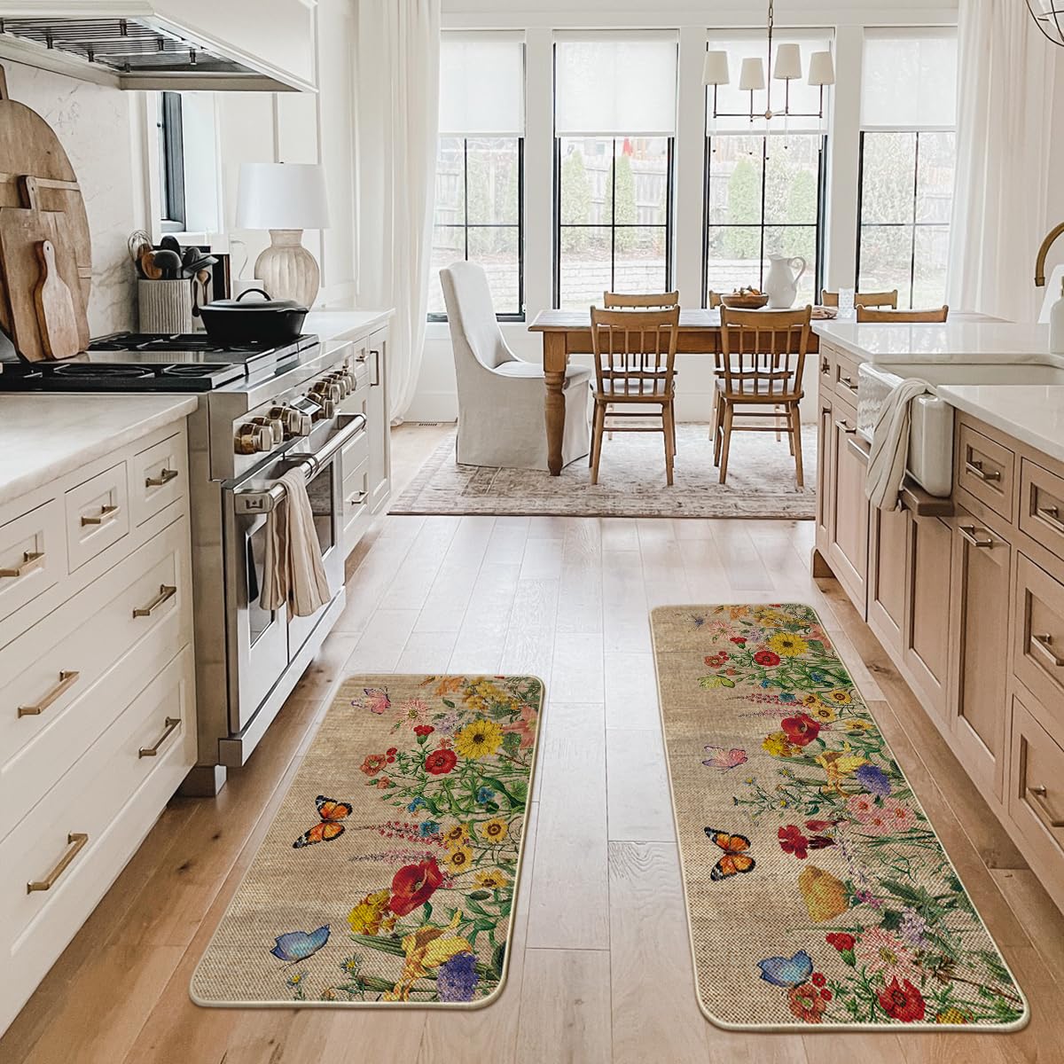 Artoid Mode Wood Flowers Butterfly Spring Kitchen Mats Set of 2, Seasonal Home Decor Leaves Low-Profile Kitchen Rugs for Floor - 24x35 and 24x59 Inch