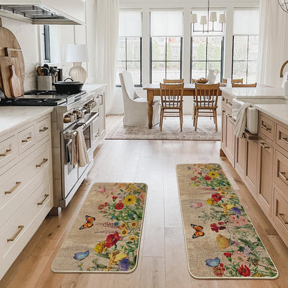Artoid Mode Wood Flowers Butterfly Spring Kitchen Mats Set of 2, Seasonal Home Decor Leaves Low-Profile Kitchen Rugs for Floor - 24x35 and 24x59 Inch