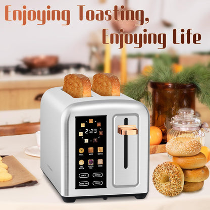 SEEDEEM Toaster 2 Slice with Touch Screen, Faster Heating Speed, 7 Shade Setting, 6 Bread Type, 1.5”Wide Slots Toaster, Removable Crumb Tray, 1350W, Silver Metallic