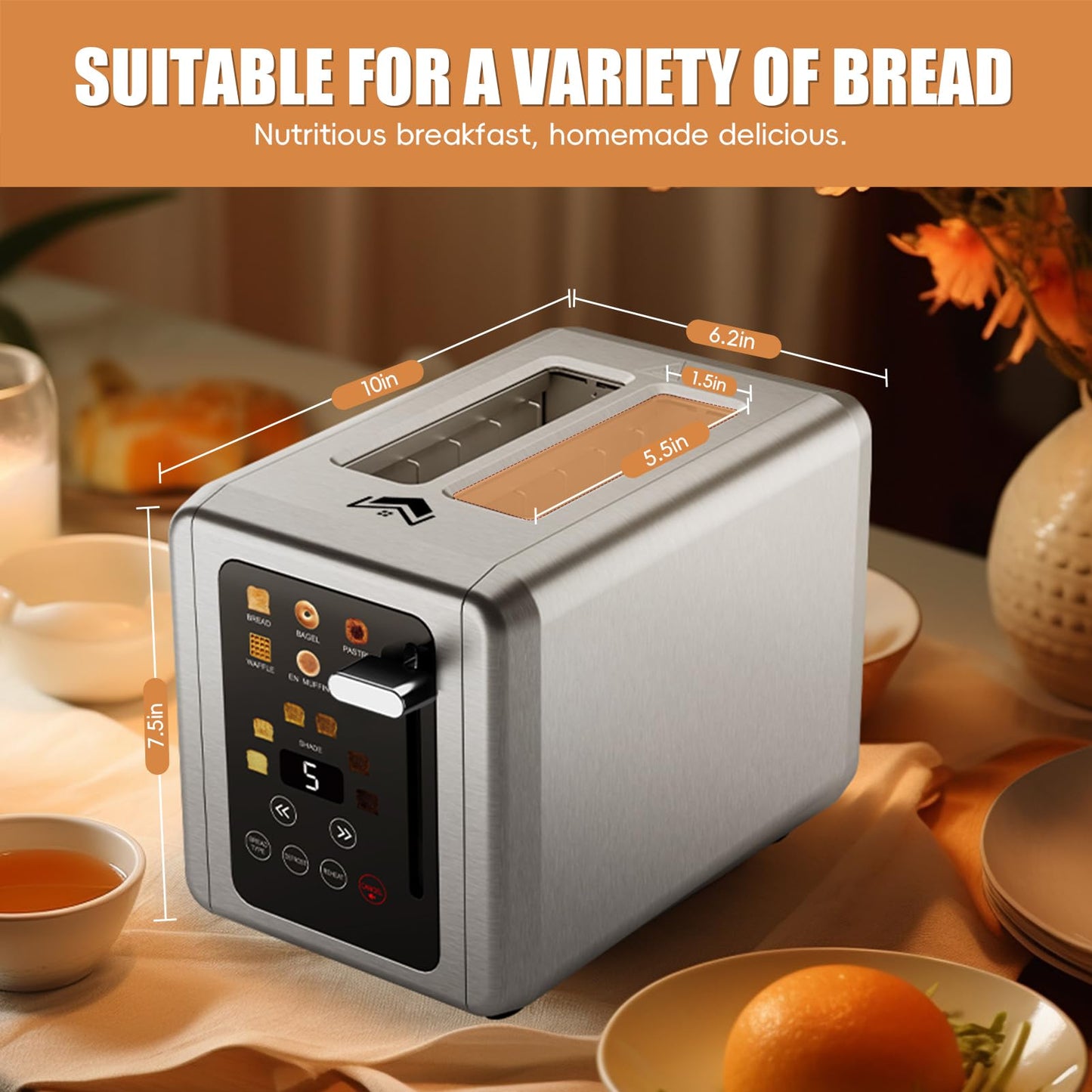 WUNLY 2 Slice Toaster,Touchscreen & Dual Independent Control Panel,5 Basic Functions & Digital Countdown Toasters,6 Shade Settings＆6 Bread Types,Smart Bread Maker Mute/Screen-Off,Platinum