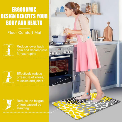 Likiyol Kitchen Mats for Floor [3 PCS] Anti-Fatigue Comfort Kitchen Rugs, Boho Flower Cushioned Waterproof Decor Mat Thick, Standing Floor Mats for Home/Office, 18''x30''+18''x48''+18''x60''(Yellow)