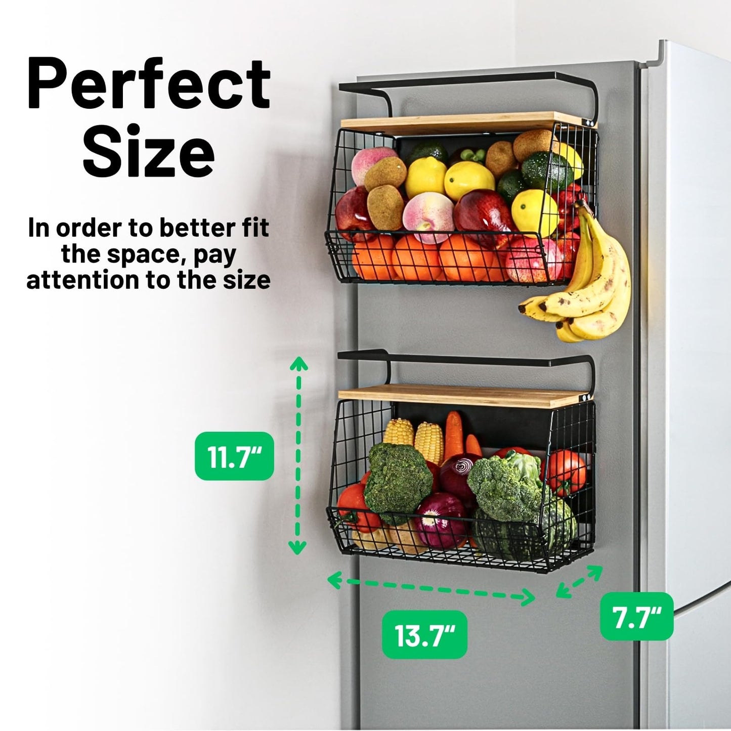 2 Set Magnetic Shelf for Refrigerator with Wood Lid, Fruit Potato & Onion Storage Bins, Pantry Organizers & Storage, Large Container Magnetic Spice Rack for Refrigerator, Kitchen Counter, Cabinet