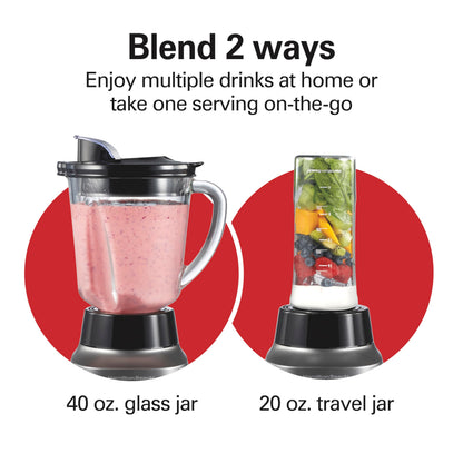 Hamilton Beach Wave Action Blender for Smoothies, Stainless Steel Ice Sabre Blades, 40oz Glass Jar, 20oz Blend-In Portable Travel Jar, 800 Watts, Quiet Design, Gray (58181)