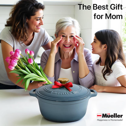 MUELLER HOME 6 Quart Enameled Cast Iron Pot Dutch Oven, Heavy-Duty, Oven-Safe up to 500° F & Across All Cooktops, Bread Pan with Lid & Knob, Cast Iron Cookware, Blue Kitchen Accessories, Mineral Blue