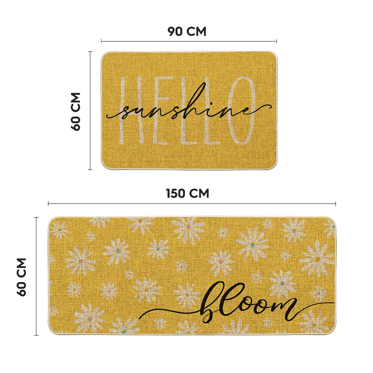 Artoid Mode Yellow Daisy Hello Sunshine Bloom Spring Kitchen Mats Set of 2, Home Decor Low-Profile Kitchen Rugs for Floor - 24x35 and 24x59 Inch
