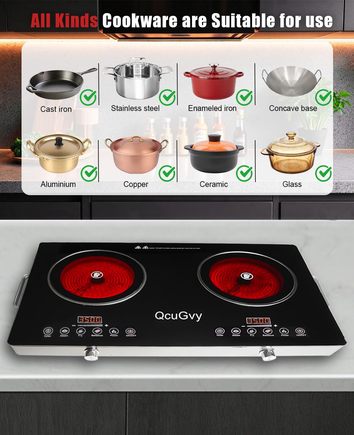 23" Portable Infrared 2 Burner 3500 Electri Burner with 2 Hours Timer-Electric Hot Plate Touch Control Panel Adjustable Heating Power Glass Plate Electric Cooktop for Cooking
