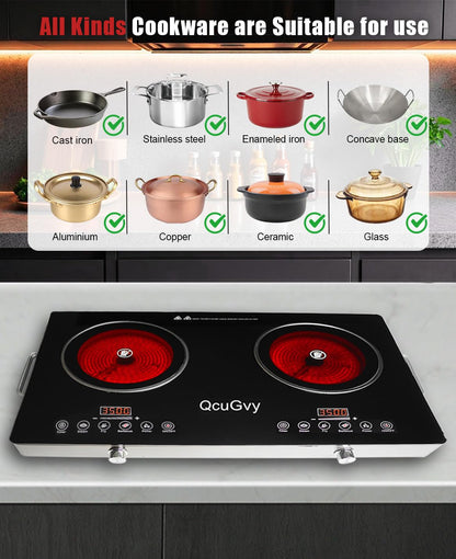23" Portable Infrared 2 Burner 3500 Electri Burner with 2 Hours Timer-Electric Hot Plate Touch Control Panel Adjustable Heating Power Glass Plate Electric Cooktop for Cooking
