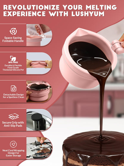 LUSHYUM Chocolate Melting Pot Candy Melts Melter with 2 Insert Pots and Spatula, 4 Cups Capacity Warmer Machine, Ideal Dipping Tool Kitchen Supplies for Making Cake Pop Covered Strawberries Fondue