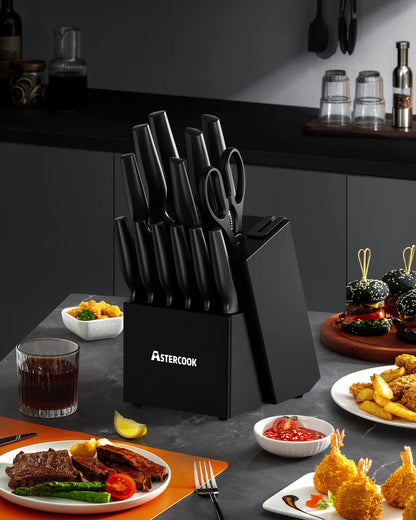 Astercook Knife Set, Kitchen Knife Set with Built-in Sharpener Block, Dishwasher Safe, 15 Pieces German Stainless Steel Knife Block Set, Black Mothers Day Gifts for Kitchen