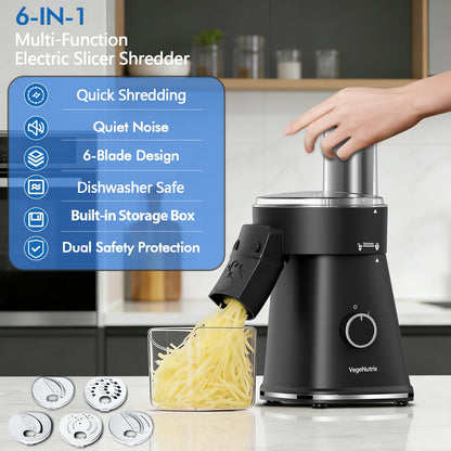 Electric Cheese Grater Salad Shooter, 6-In-1 Electric Slicer For Home Kitchen,One-Touch Easy Control,With Safety Push Bar Cheese Grater Electric For Zucchini,Cheese,Vegetable