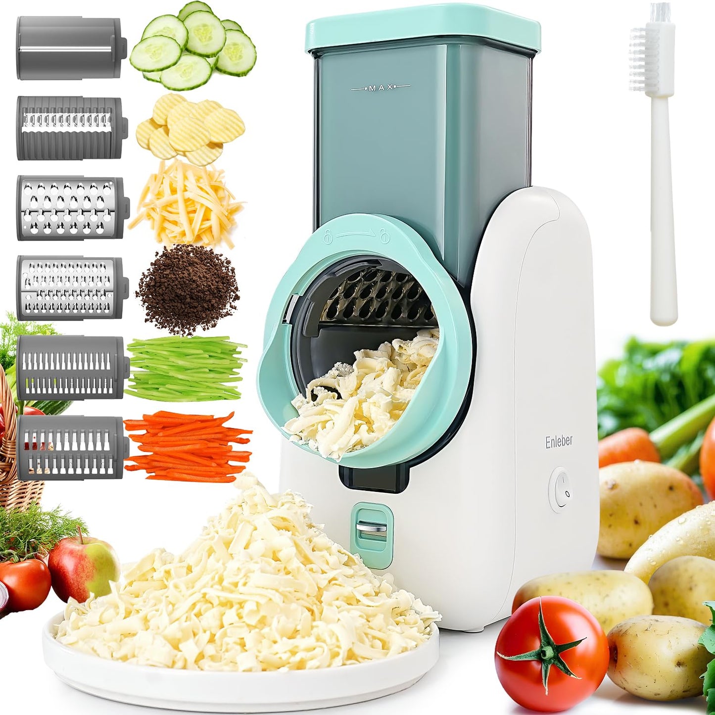 Electric Cheese Grater Salad Maker with 6 Repalce Stainless Steel Blades, Rotary Slicer One-Touch Kitchen Slicer Cheese Shredder for Vegetables, Fruits, Cheeses, Nuts Home Kitchen Use(White)