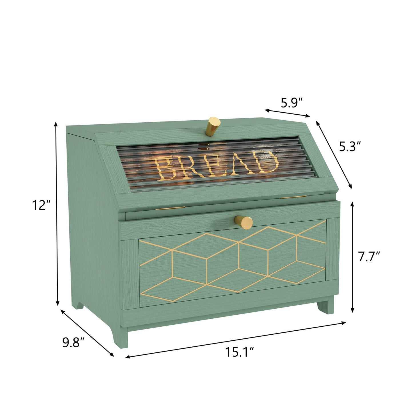 HOLTICO Double Layer Bread Box With Golden Trim for Countertop, Wooden Bread Container for Kitchen Counter, Corner Bread Storage (Green)