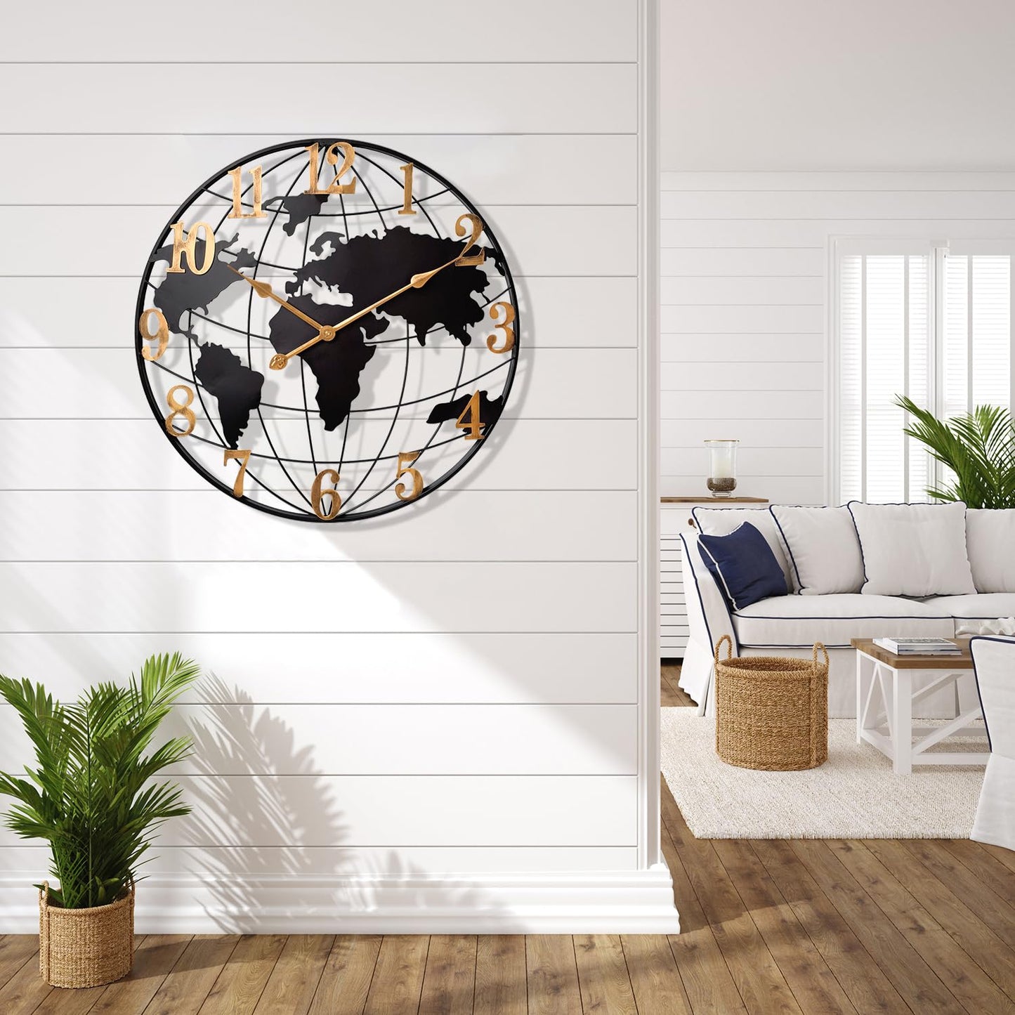 Large World Map Wall Clock, Metal Minimalist Modern Clock,Round Silent Non-Ticking Battery Operated Wall Clocks for Living Room/Home/Kitchen/Bedroom/Office/Farmhouse Decor (24 Inch)