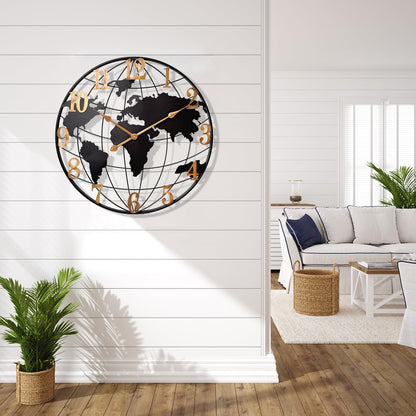 Large World Map Wall Clock, Metal Minimalist Modern Clock,Round Silent Non-Ticking Battery Operated Wall Clocks for Living Room/Home/Kitchen/Bedroom/Office/Farmhouse Decor (24 Inch)