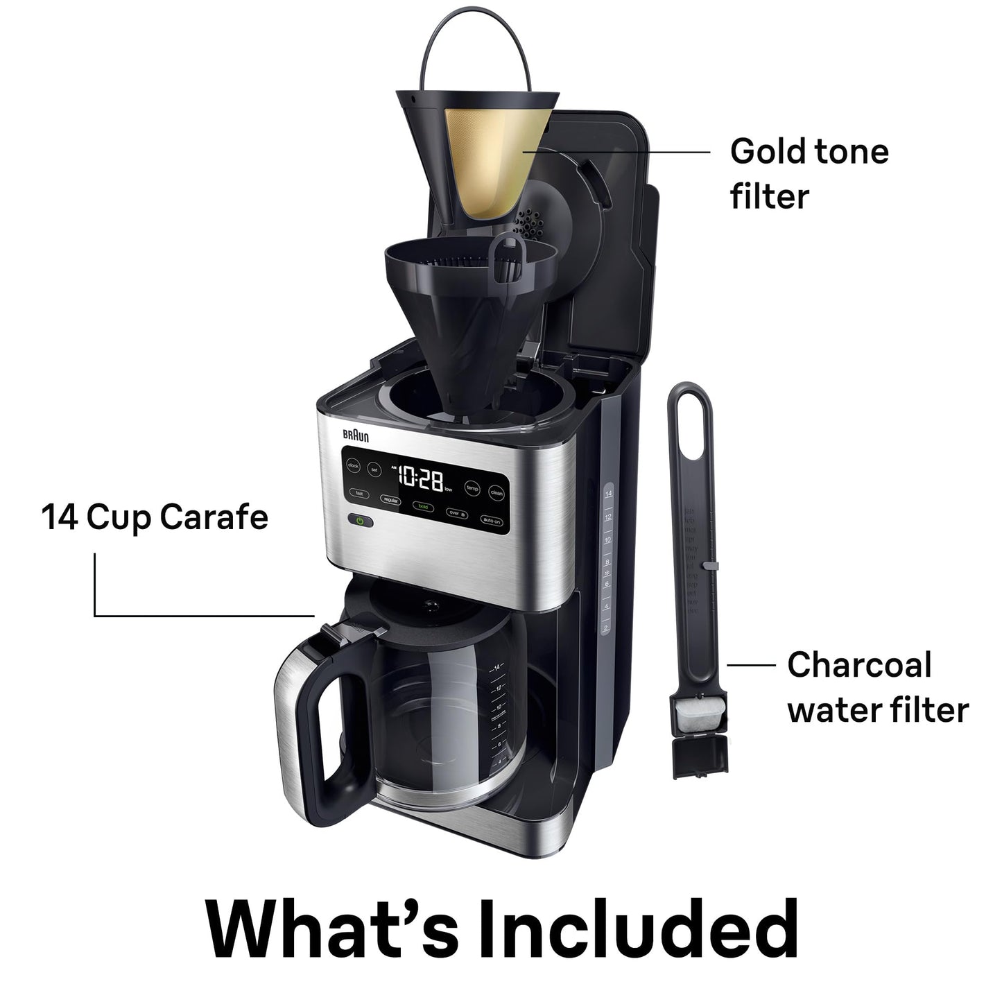 Braun PureFlavor 14‑Cup Programmable Coffee Maker – Fast Brew Speed, Touch Display, Bold & Brew‑Over‑Ice Modes, FlavorCarafe & Adjustable Warm Plate
