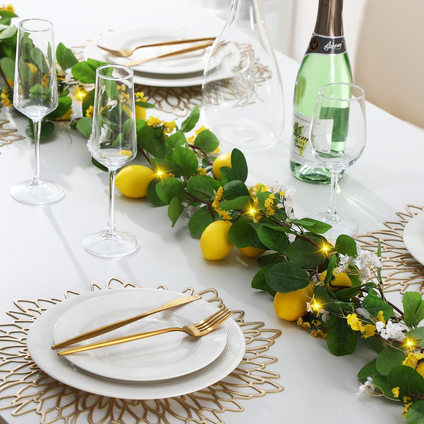 FineCheer 6 Pcs 5.74 ft Artificial Lemon Garland Lemon Vine Garland with Greenery Fake Fruit Party Decoration with Battery Powered Light for Home Door Wall Mantel Wedding Kitchen Table (Stylish Style)