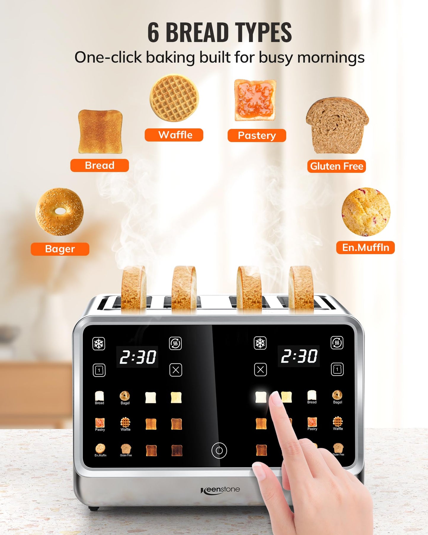 Toaster 4 Slice with TouchScreen, Memory Function & Single-Slot Focus, Keenstone 1800W Smart Digital Toaster for Ultimate Control, Wide Slot to Reheat & Defrost Bagels, Bread, Waffles, Stainless Steel