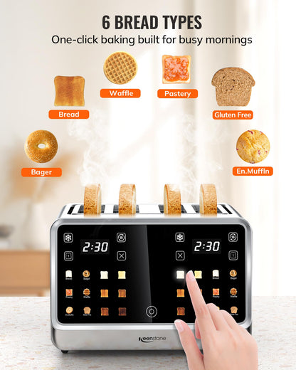 Toaster 4 Slice with TouchScreen, Memory Function & Single-Slot Focus, Keenstone 1800W Smart Digital Toaster for Ultimate Control, Wide Slot to Reheat & Defrost Bagels, Bread, Waffles, Stainless Steel