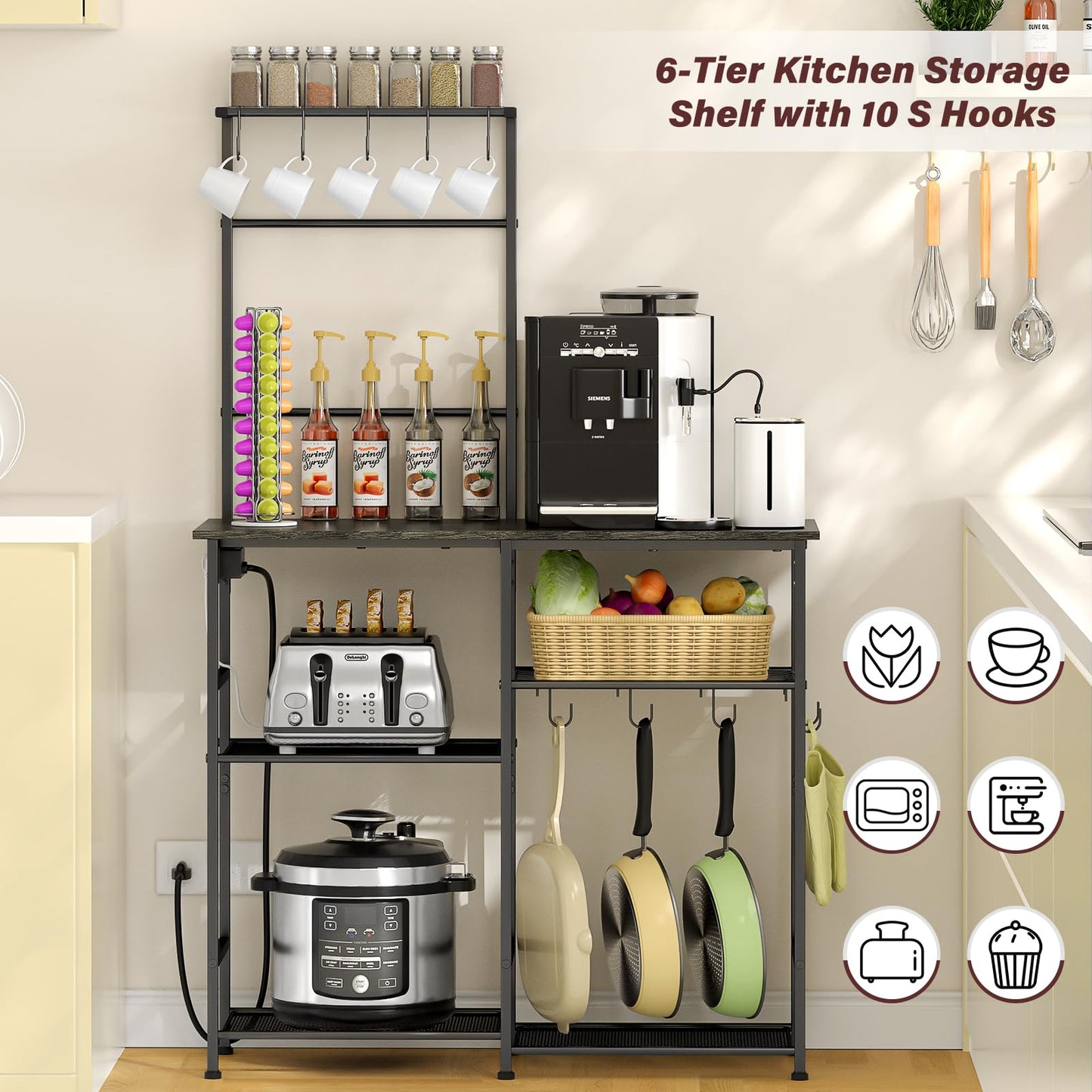 3IngSeagulls Bakers Rack with Power Outlet, Kitchen Microwave Stand with 10 S-shaped Hooks, 6-Tier Coffee Bar Station, Kitchen Storage Shelf Rack for Spices, Pots, Gray