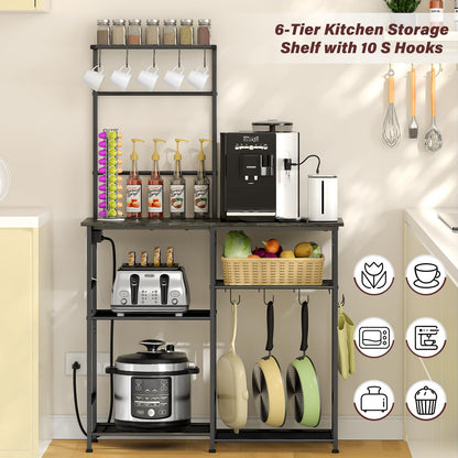 3IngSeagulls Bakers Rack with Power Outlet, Kitchen Microwave Stand with 10 S-shaped Hooks, 6-Tier Coffee Bar Station, Kitchen Storage Shelf Rack for Spices, Pots, Gray