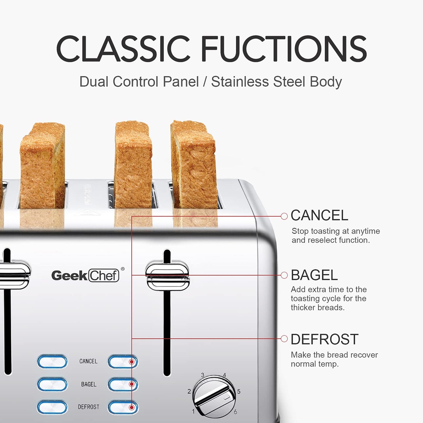 Toaster 4 Slice, Geek Chef Stainless Steel Extra-Wide Slot Toaster with Dual Control Panels of Bagel/Defrost/Cancel Function, 6 Toasting Bread Shade Settings, Removable Crumb Trays, Auto Pop-Up