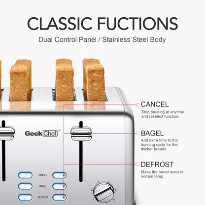 Toaster 4 Slice, Geek Chef Stainless Steel Extra-Wide Slot Toaster with Dual Control Panels of Bagel/Defrost/Cancel Function, 6 Toasting Bread Shade Settings, Removable Crumb Trays, Auto Pop-Up