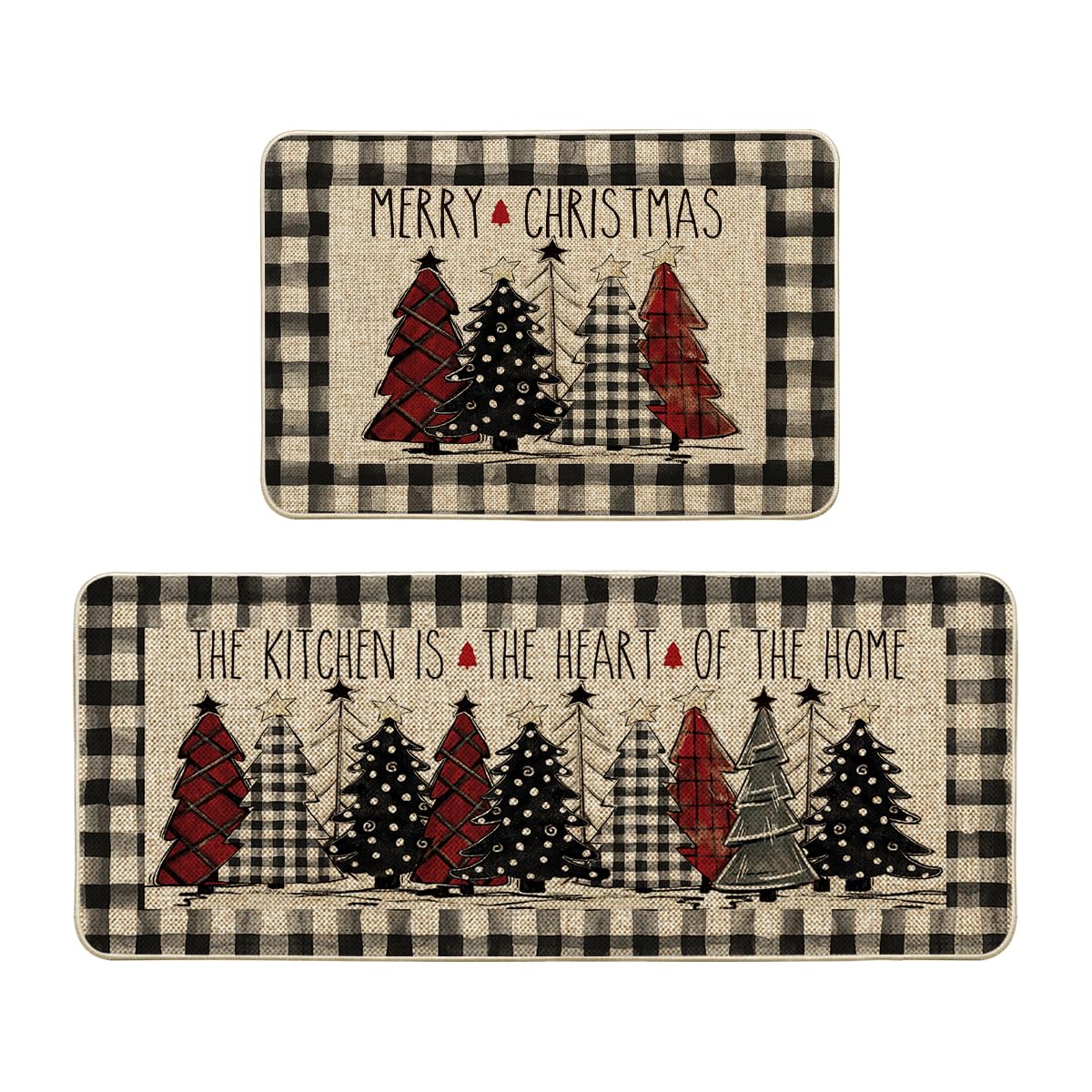 Artoid Mode Buffalo Plaid Xmas Tree Merry Christmas Kitchen Mats Set of 2, Winter Home Decor Low-Profile Kitchen Rugs for Floor - 24x35 and 24x59 Inch