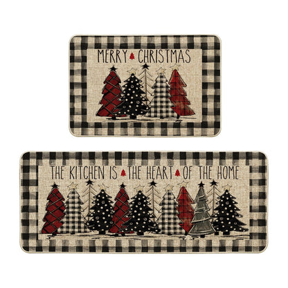 Artoid Mode Buffalo Plaid Xmas Tree Merry Christmas Kitchen Mats Set of 2, Winter Home Decor Low-Profile Kitchen Rugs for Floor - 24x35 and 24x59 Inch