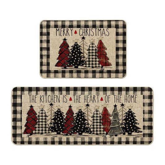 Artoid Mode Buffalo Plaid Xmas Tree Merry Christmas Kitchen Mats Set of 2, Winter Home Decor Low-Profile Kitchen Rugs for Floor - 24x35 and 24x59 Inch