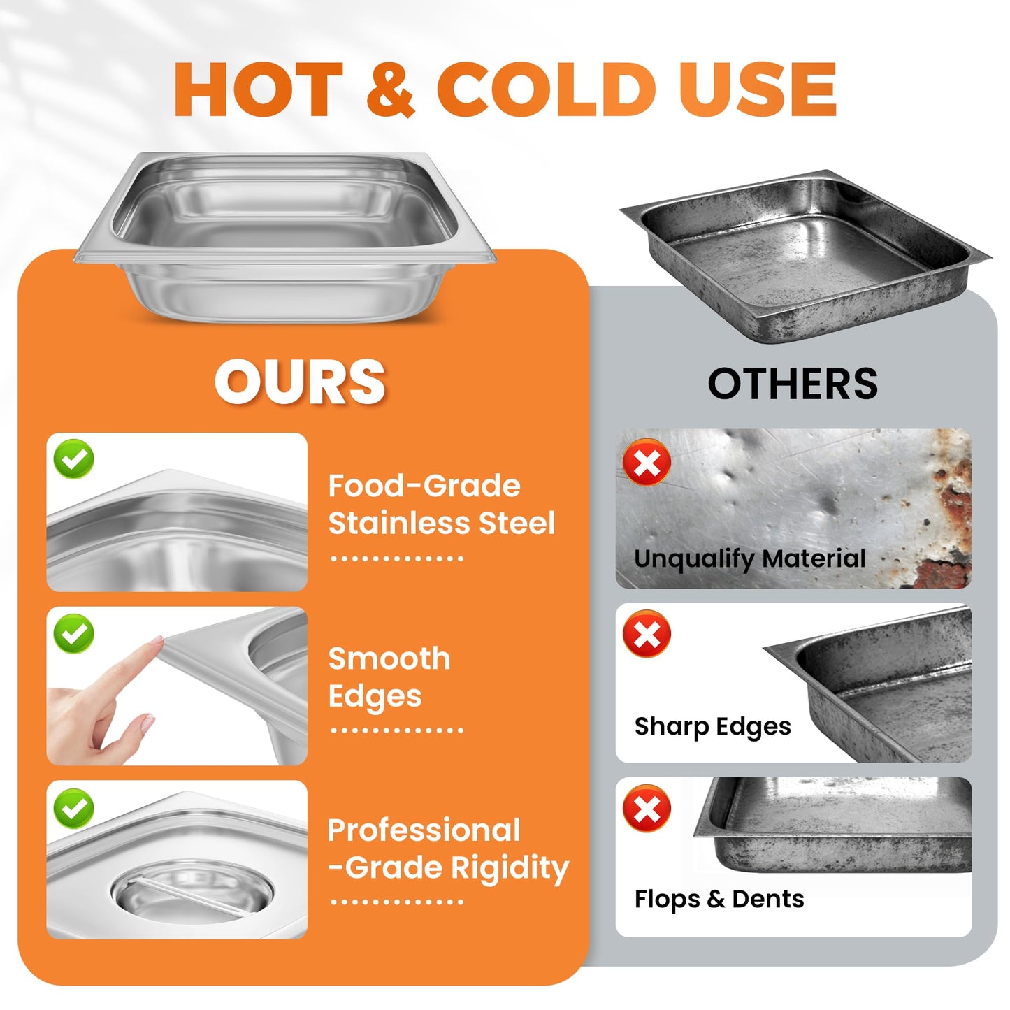 HOCCOT 4 Pack Hotel Pans with Lids 1/2 Size 2.5" Deep, Stainless Steel Steam Table Pan with Lid, Commercial Metal Buffet Food Storage Container, Anti-Jam Design, for Restaurant, Kitchen, Party, Home