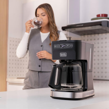 BLACK+DECKER CAFÉCRAFT 12-Cup Programmable Coffee Maker, Stainless Steel Drip Coffeemaker with Vortex Showerhead, Strength Selector, Sneak-A-Cup, Keep Warm