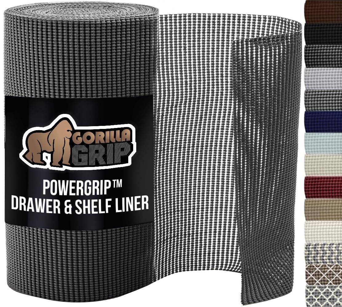 GORILLA GRIP powerGRIP Drawer Shelf and Cabinet Liner, Thick Strong Hold, Non-Adhesive Liners Protect Kitchen Cabinets and Cupboard, Bathroom Drawers, Easy Install, Breathable Mat, 20" x30', Charcoal