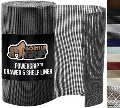 GORILLA GRIP powerGRIP Drawer Shelf and Cabinet Liner, Thick Strong Hold, Non-Adhesive Liners Protect Kitchen Cabinets and Cupboard, Bathroom Drawers, Easy Install, Breathable Mat, 20" x30', Charcoal