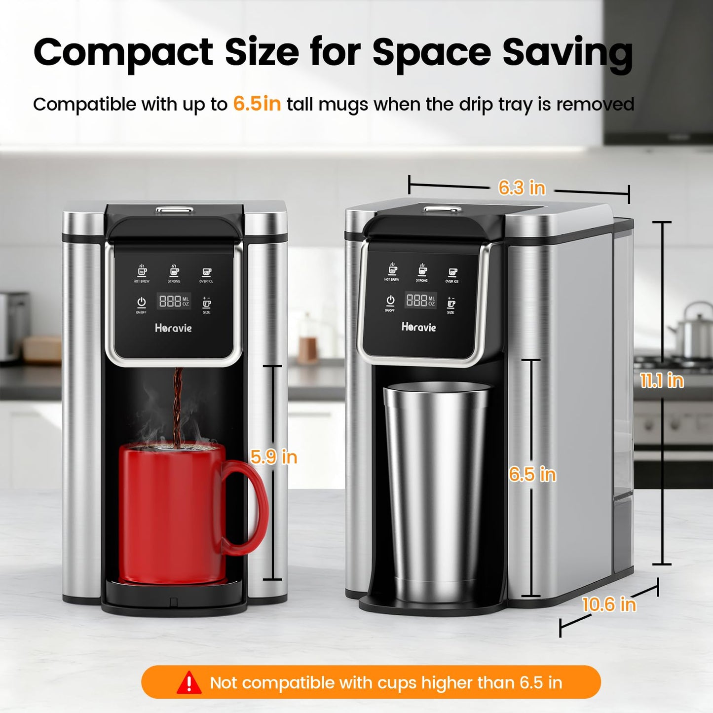 Horavie Single Serve Coffee Maker for K-Cup Pod and Grounds, Hot and Iced Coffee Maker, 6 to 14oz Brew Sizes, 50oz Removable Reservoir, Strong Button Feature, Fit 6.5" Mugs, Stainless Steel, Black
