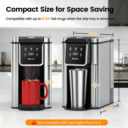 Horavie Single Serve Coffee Maker for K-Cup Pod and Grounds, Hot and Iced Coffee Maker, 6 to 14oz Brew Sizes, 50oz Removable Reservoir, Strong Button Feature, Fit 6.5" Mugs, Stainless Steel, Black