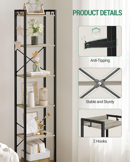 Hzuaneri Bookshelf, Book Shelf, Industrial Bookcase with 2 Hooks, Coner Shelf Storage Organizer for Home Office, Living Room, Bedroom, Kitchen, 6-Tier Greige BC10705B