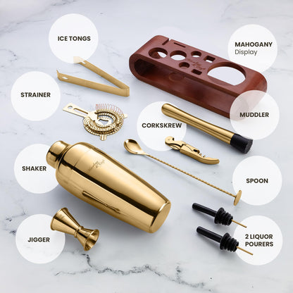 Mixology & Craft Cocktail Shaker Set with Dark Bamboo Stand - Professional 10-Piece Bartender Kit - Complete Bar Set & Cocktail Mixer Kit for Home (Gold)