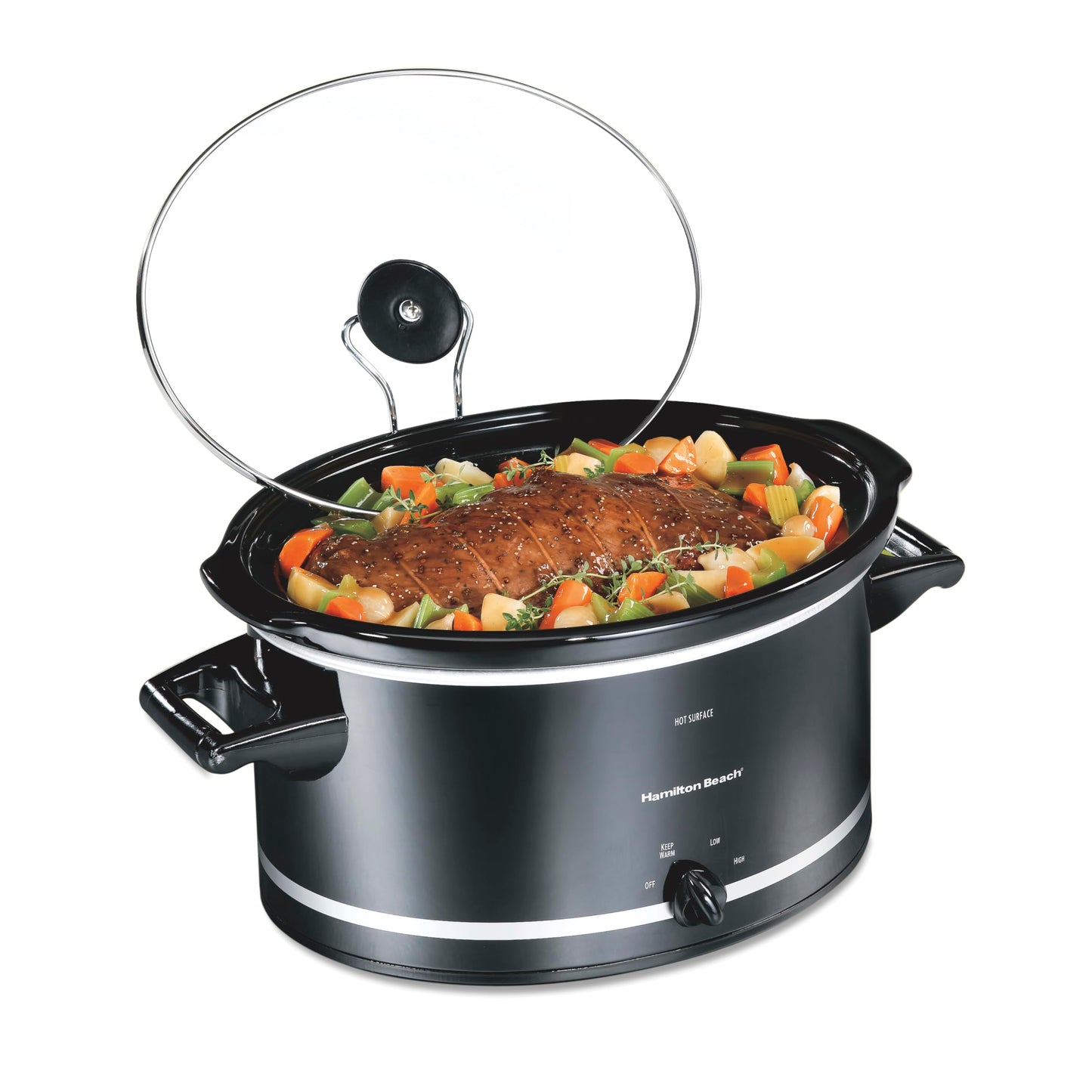 Hamilton Beach Slow Cooker with 3 Cooking Settings, Dishwasher-Safe Stoneware Crock & Glass, 8-Quart Built-In Lid Rest, Black