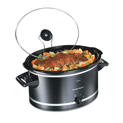 Hamilton Beach Slow Cooker with 3 Cooking Settings, Dishwasher-Safe Stoneware Crock & Glass, 8-Quart Built-In Lid Rest, Black