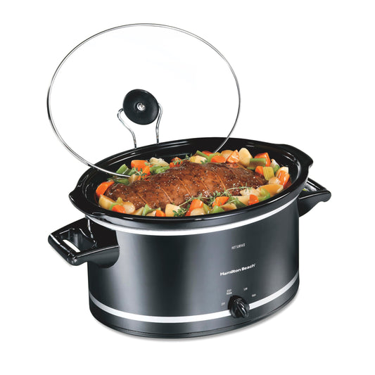 Hamilton Beach Slow Cooker with 3 Cooking Settings, Dishwasher-Safe Stoneware Crock & Glass, 8-Quart Built-In Lid Rest, Black