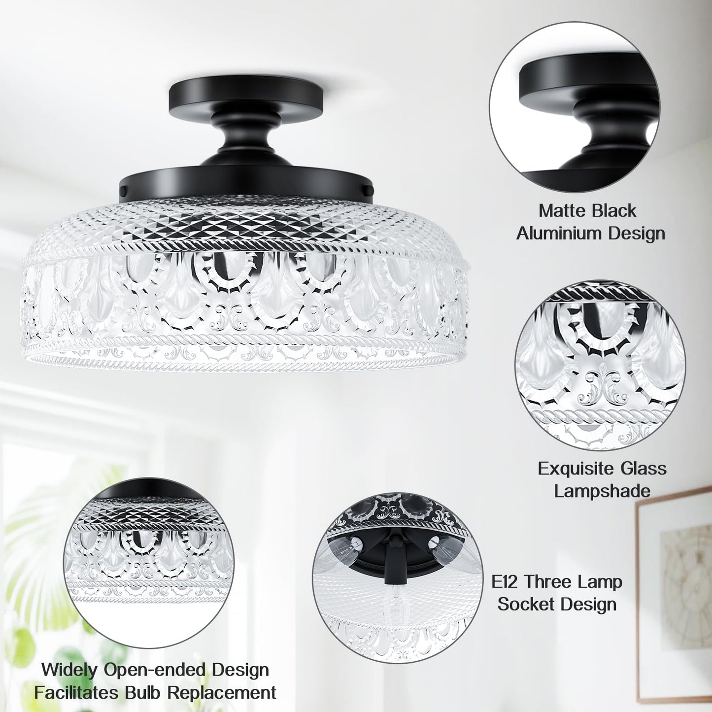 Lamomo Semi Flush Mount Ceiling Light, Upgraded Larger 12 Inch Black Hallway Light Fixture, 3 Light Globe Glass Close to Ceiling Light, Indoor Hanging Light for Bedroom Kitchen Porch Hallway