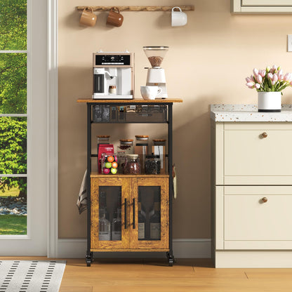 3 Tier Rolling Coffee Cart with 2-Door & Pull-Out Wire Basket Drawer, Movable Coffee Bar Cabinet on Lockable Casters, 32.7" H Microwave Cart with Storage for Home, Kitchen, Dining Room (Rustic Brown)