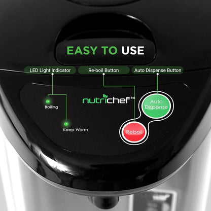 NutriChef Hot Water Urn Pot 3.38 QT, Insulated Stainless Steel Hot Water Dispenser & Boiler, Auto & Manual Dispense, Safety Lock, Electric Kettle