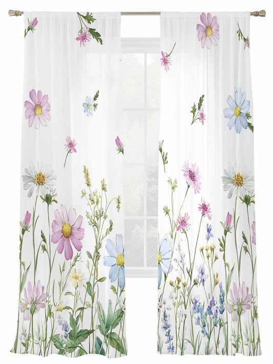 Spring Flower Floral Semi Sheer Curtains, 84 inches Long, Colorful Floral Summer Window Treatments, Light Filter Curtains Rod Pocket Drapes for Living Room, Bedroom, Kitchen, Home Decor, 2 Panels