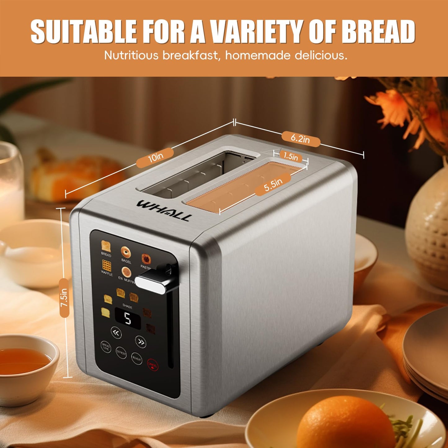 WHALL Touch Screen Toaster 2 Slice, Stainless Steel Digital Timer Toasters with Sound Function, Smart Extra Wide Slots Toaster with Bagel, Cancel, Defrost (silver)