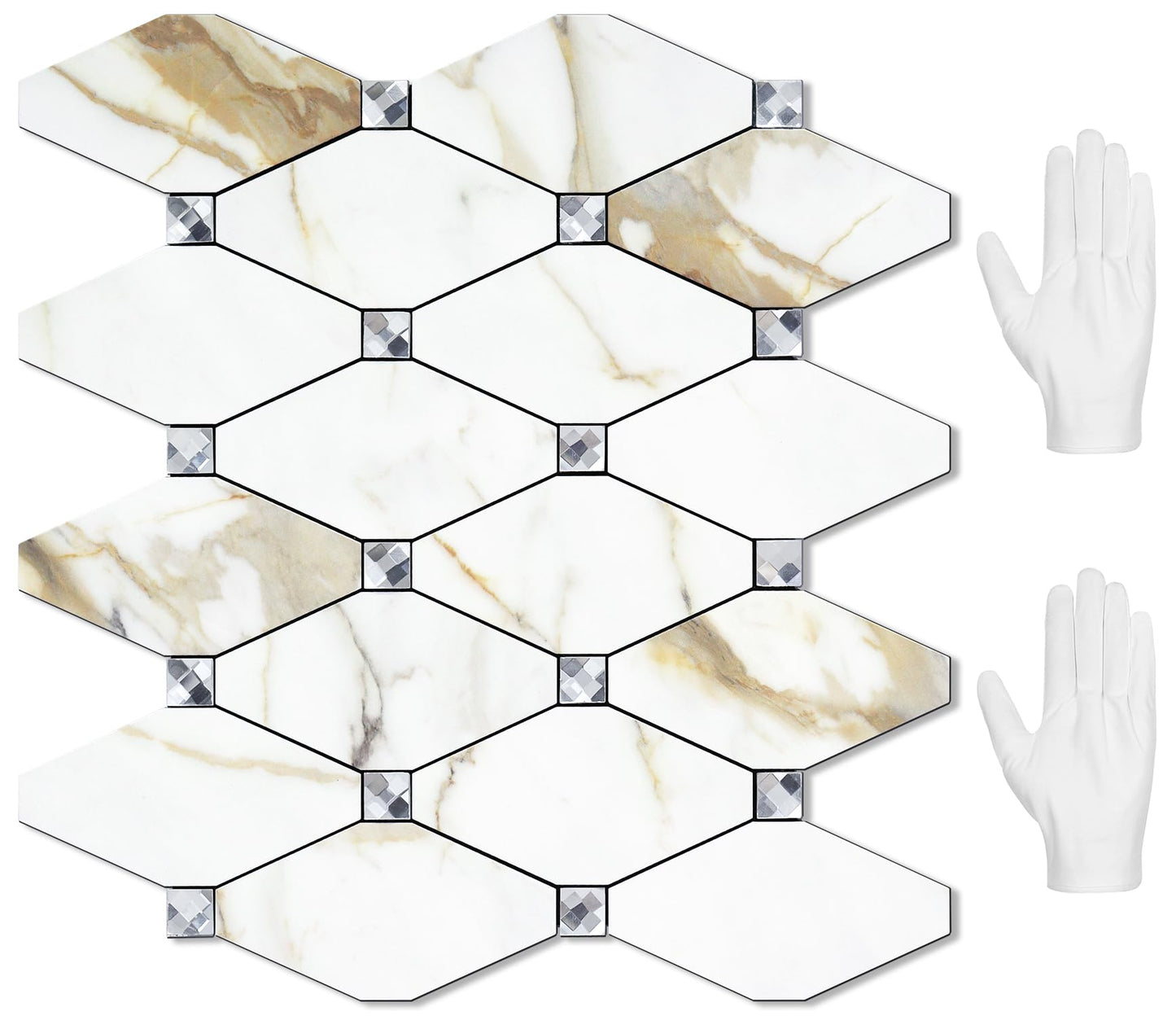 STICKGOO 10 Sheets Peel and Stick Backsplash, Calacatta Golden Stick on Mosaic Tiles for Kitchen Wall Decor, Self Adhesive Long Hexagon PVC Tile Kitchen Backsplash
